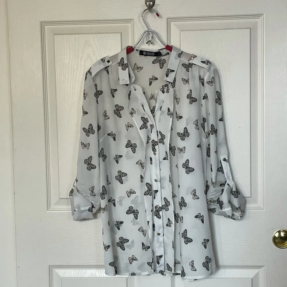 OASĀP Semi-Sheer Button Down Butterfly Blouse, L - Picture 10 of 16